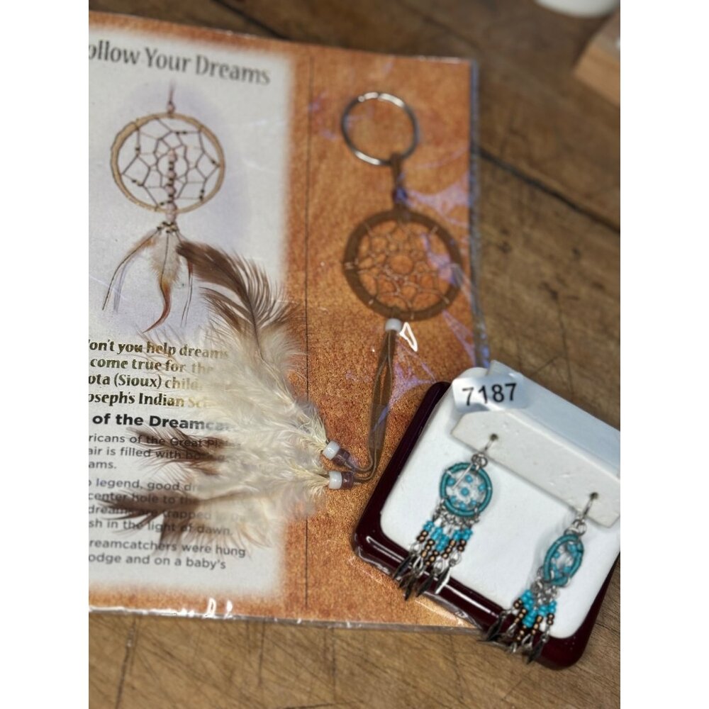 Turquoise Beaded Dreamcatcher Earrings & Feathered Keychain Set